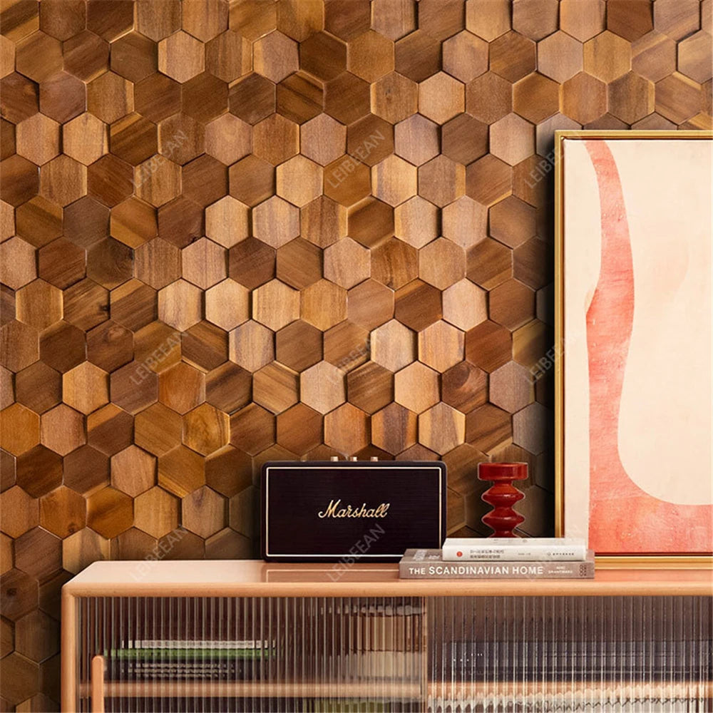 Modern 3D Wood Hexagon Wooden Panel Wall Panel Walnut Wood Mosaic Tile Wall Sticker for TV Background Art Wall Decor 30X26Cm