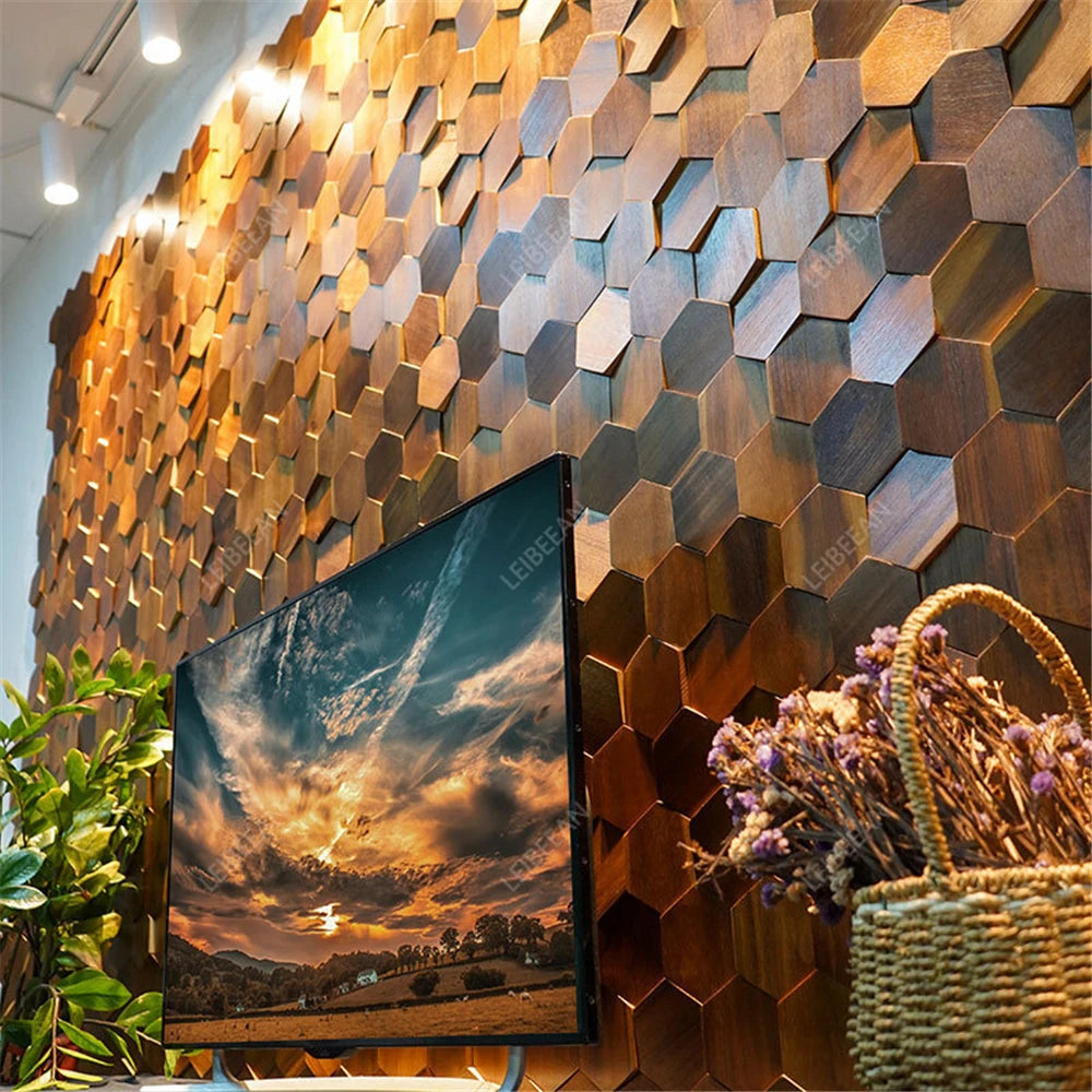 Modern 3D Wood Hexagon Wooden Panel Wall Panel Walnut Wood Mosaic Tile Wall Sticker for TV Background Art Wall Decor 30X26Cm
